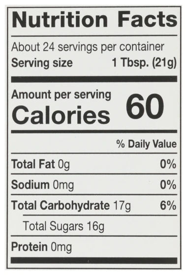 Nutrition facts label for a Manuka Honey with 60 calories per serving, 17g of carbohydrates, and 16g of total sugars.