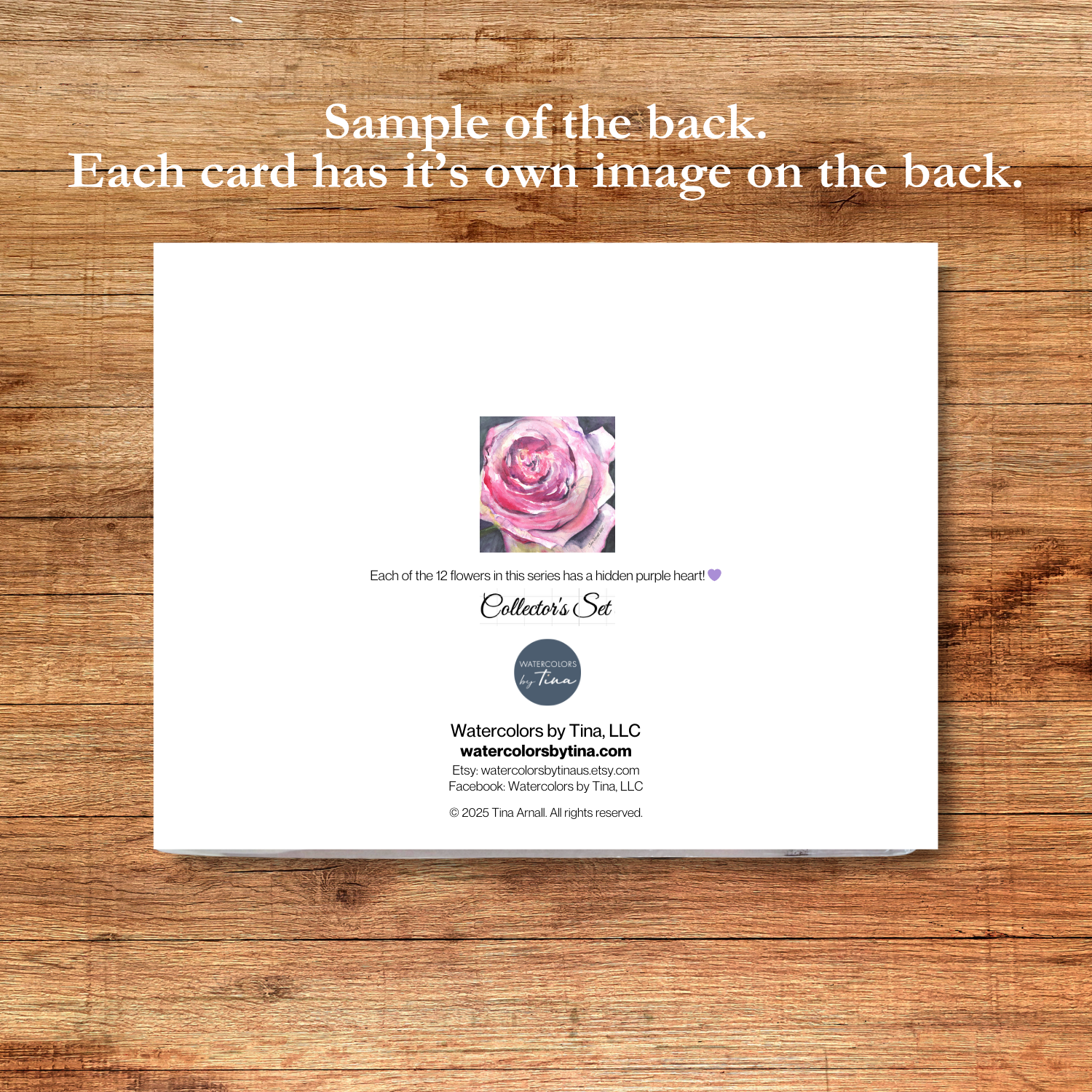 Card with a pink rose illustration on a wooden surface