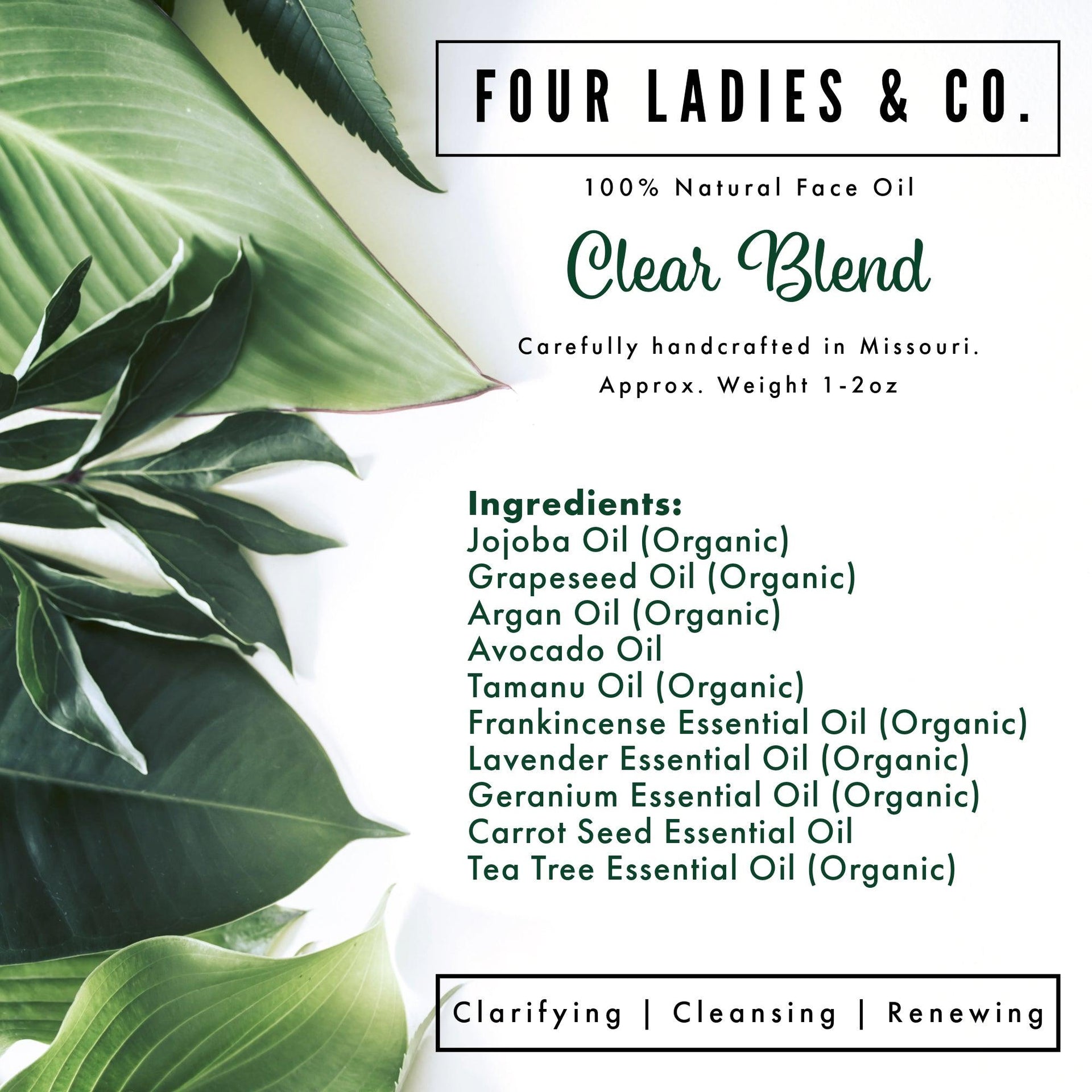 Clear Blend Face Oil Natural Ingredients List Four Ladies & Co Clarifying Cleansing Renewing