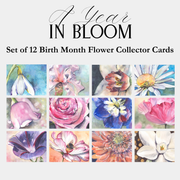 Set of 12 birth month flower collector cards with watercolor illustrations on a white background.