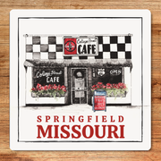Illustration of a cafe named 'College Street Cafe' in Springfield, Missouri on a wooden surface.