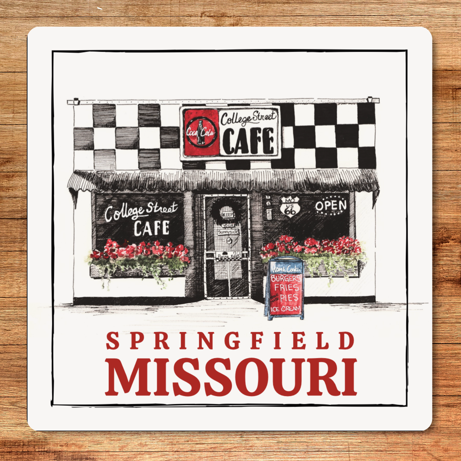Illustration of a cafe named 'College Street Cafe' in Springfield, Missouri on a wooden surface.