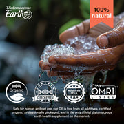 Diatomaceous Earth product with hands holding it, labeled as 100% natural, organic, GMO-free, made in USA, and OMRI listed.