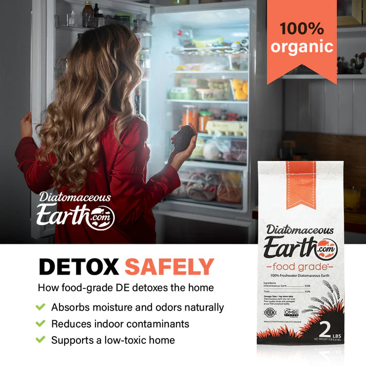 Person opening a refrigerator with a Diatomaceous Earth product package displayed.