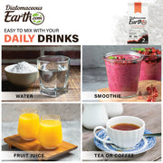 Diatomaceous Earth product with images of water, smoothie, fruit juice, and tea or coffee.