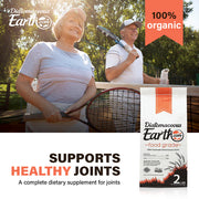Two people playing tennis with a package of Diatomaceous Earth in the foreground, emphasizing its health benefits.