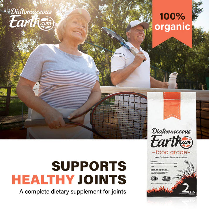 Two people playing tennis with a package of Diatomaceous Earth in the foreground, emphasizing its health benefits.