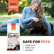 Woman petting a dog with Diatomaceous Earth product packaging and text about its benefits for pets.