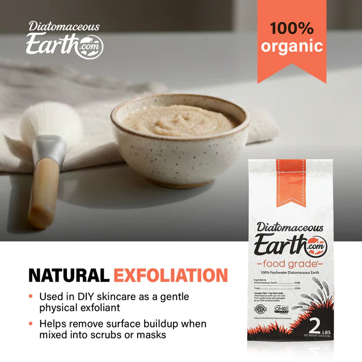 Diatomaceous Earth product with a bowl of powder and packaging on a neutral background