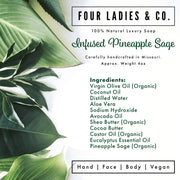 Product label for Four Ladies & Co. Infused Pineapple Sage soap with green leaf background