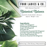 Four Ladies & Co. Botanical Balance face oil packaging with green leaves and ingredient list.