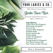 Four Ladies & Co. Gentle Face Bar packaging with green leaves and ingredient list.