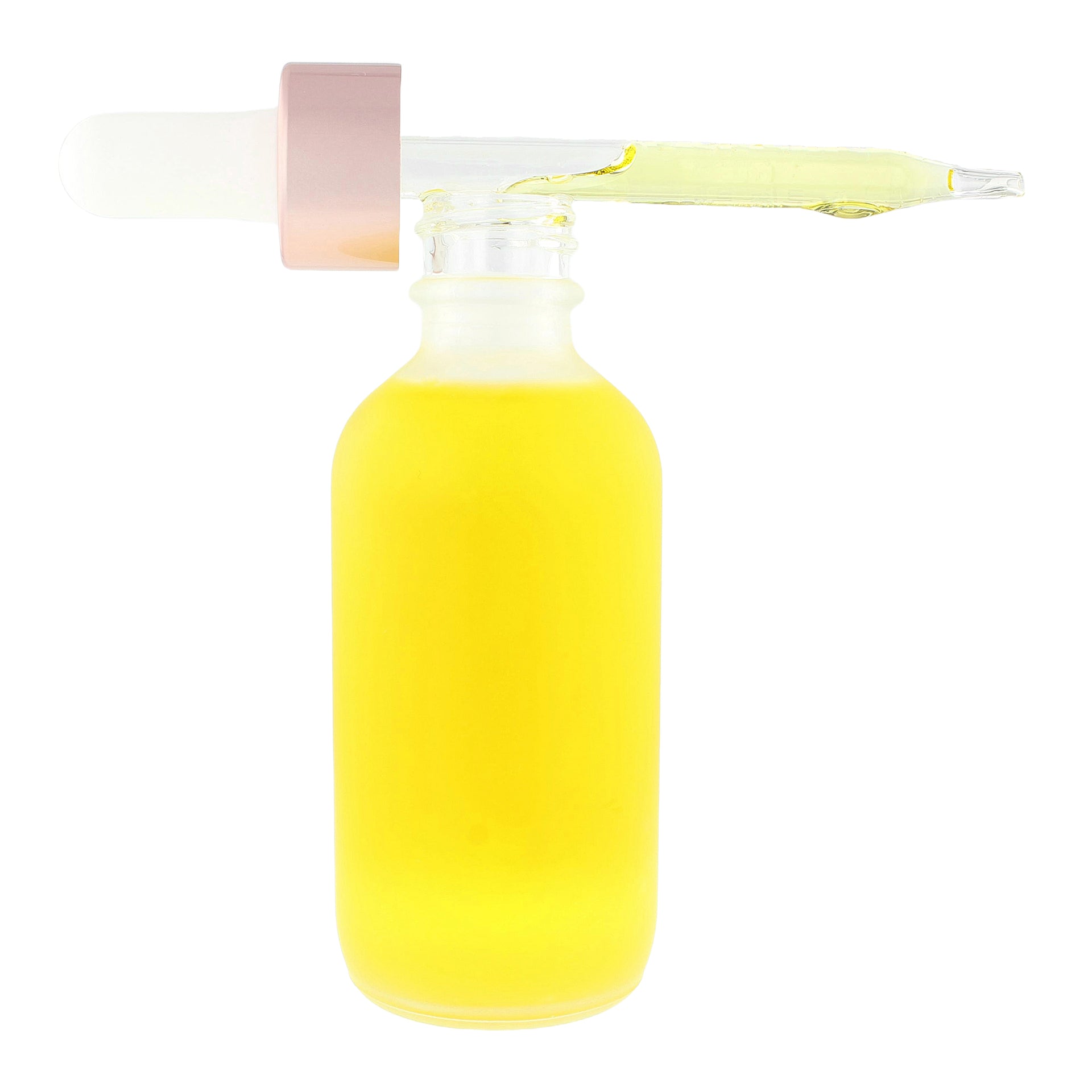 Spray bottle with yellow liquid and a white nozzle on a white background