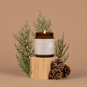 A lit amber glass jar candle with a white label reading 'Fontana Cozy Cabin' sits on a light wood block, surrounded by green pine branches and two pinecones against a warm beige background.