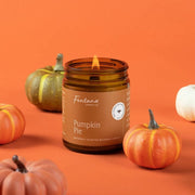 A lit amber glass jar candle labeled 'Fontana Candle Co. Pumpkin Pie' sits on an orange background with decorative pumpkins around it.