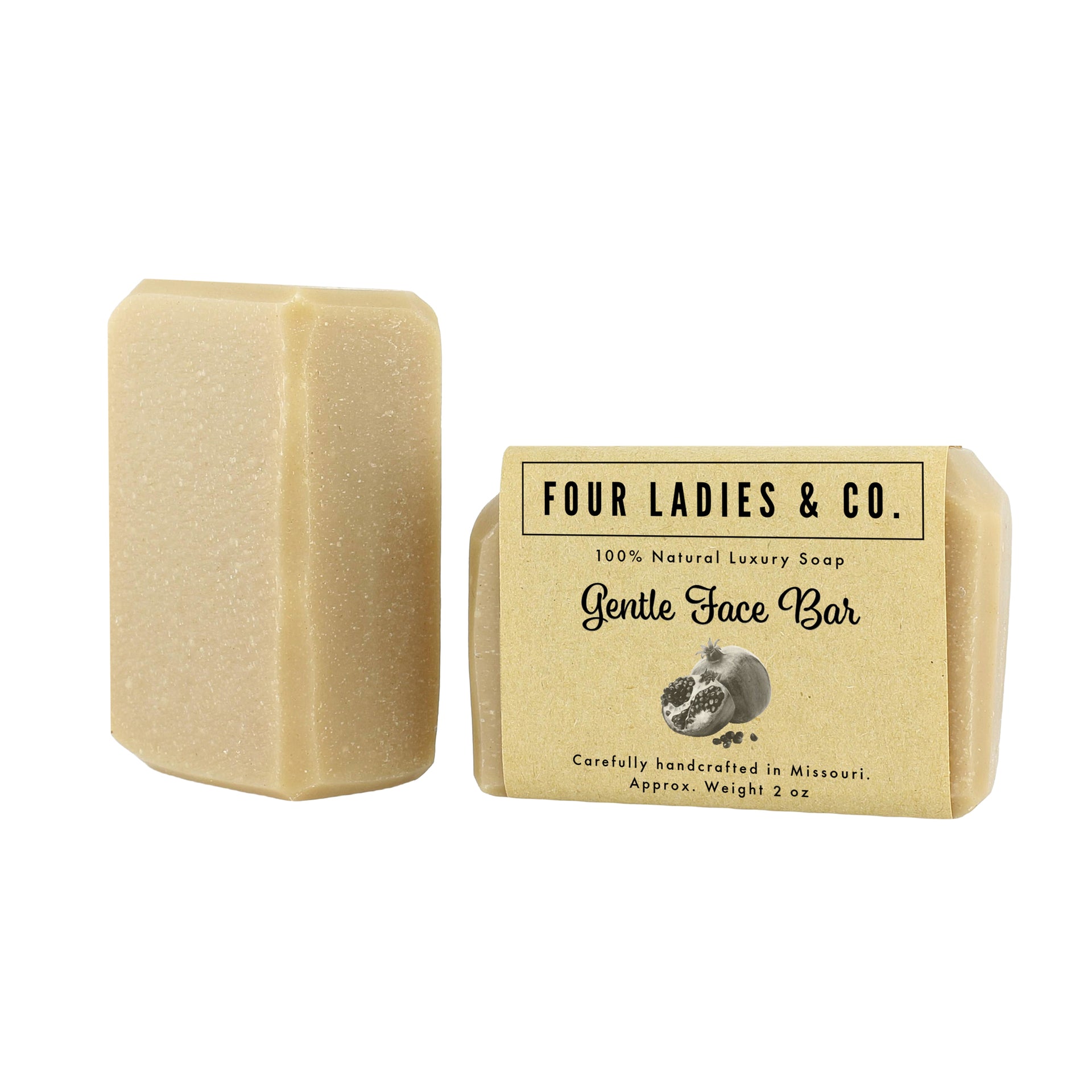 Bar of soap with 'Four Ladies & Co.' packaging on a white background