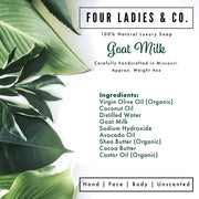 A clean product information card for Four Ladies & Co. Goat Milk soap.