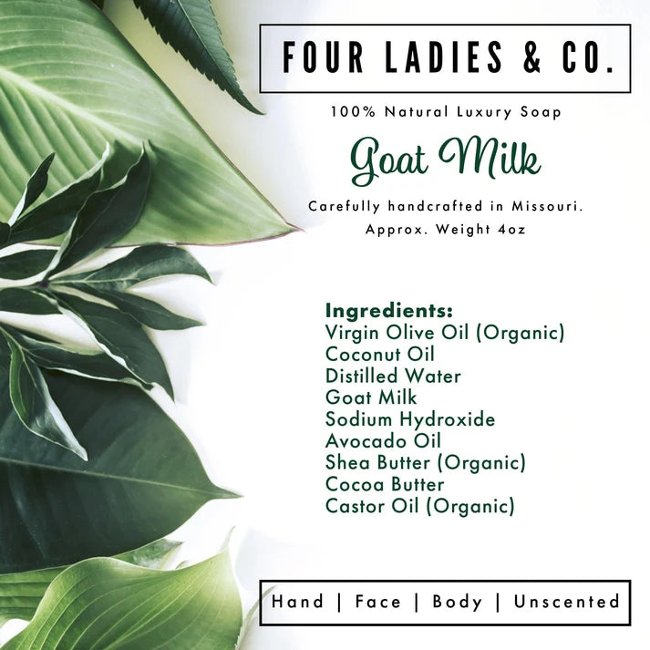 A clean product information card for Four Ladies & Co. Goat Milk soap.