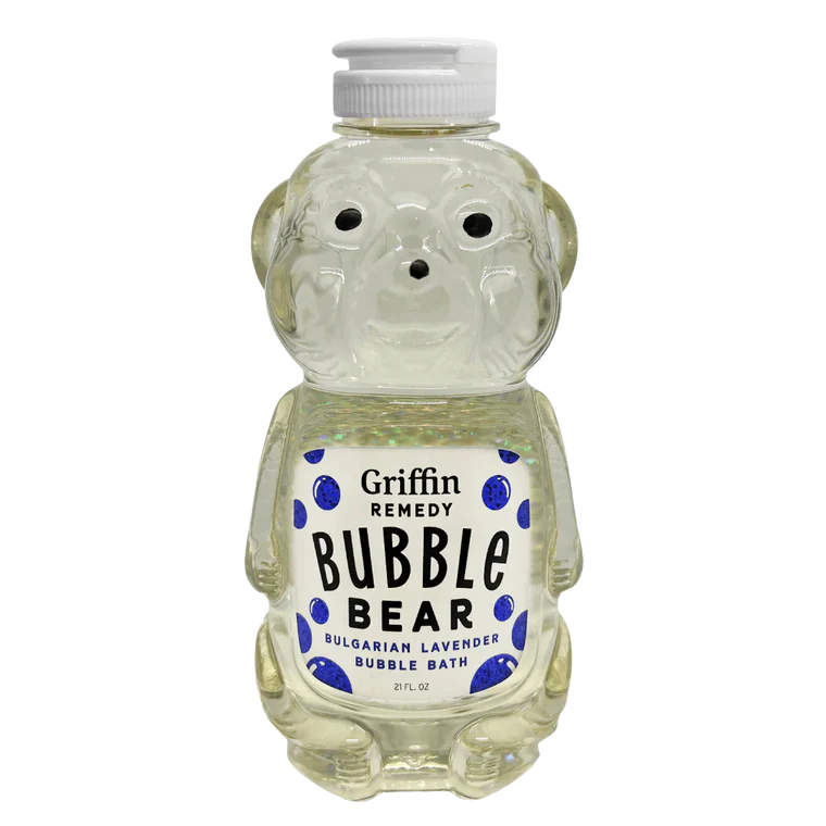 Bottle shaped like a bear with 'Griffin Remedy Bubble Bear' label on a white background