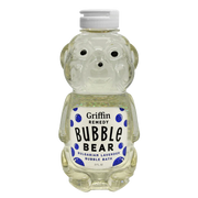 Bottle shaped like a bear with 'Griffin Remedy Bubble Bear' label on a white background