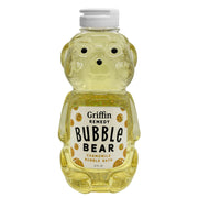 Bottle shaped like a bear with 'Griffin Remedy Bubble Bear' label on a white background