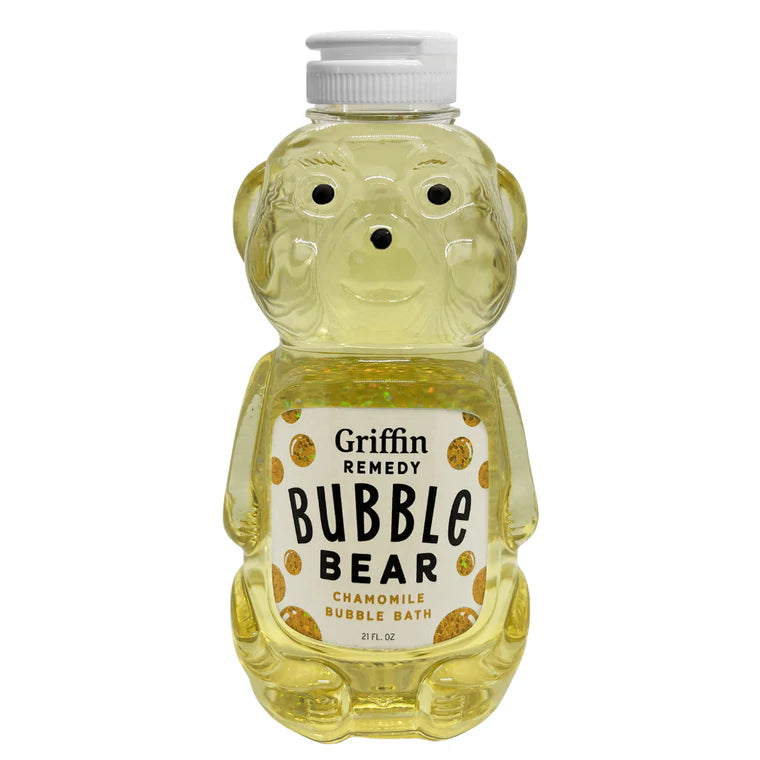Bottle shaped like a bear with 'Griffin Remedy Bubble Bear' label on a white background