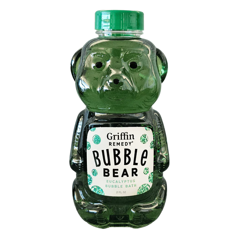 Green bear-shaped bottle of Griffin Remedy Bubble Bear on a white background