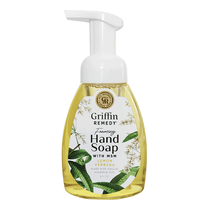 Griffin Remedy foaming hand soap bottle with lemon verbena scent on a white background