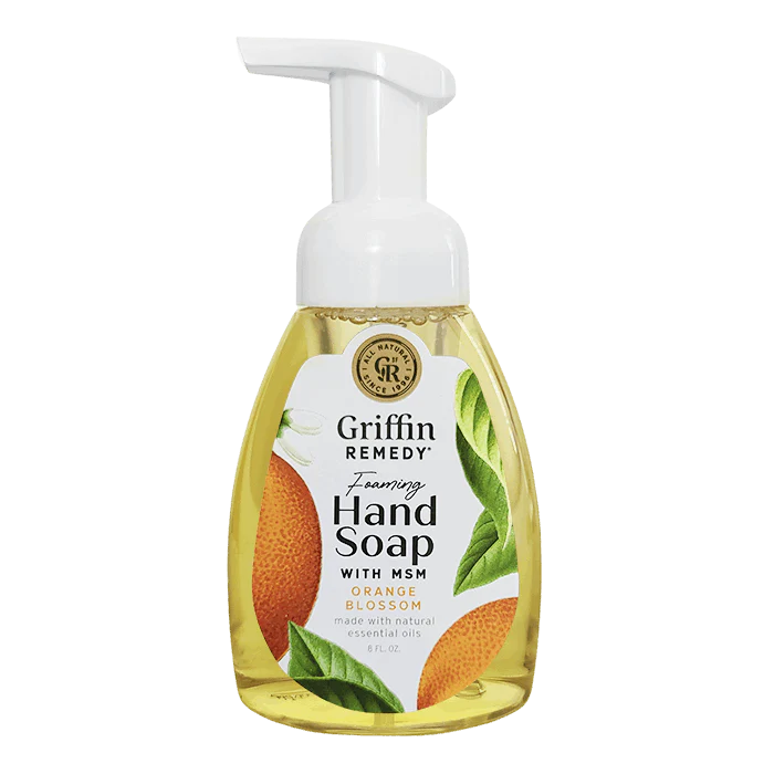 Griffin Remedy foaming hand soap bottle with orange blossom flavor on a white background