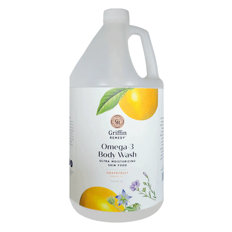 Griffin Remedy Omega-3 Body Wash bottle with lemon and flower graphics on a white background