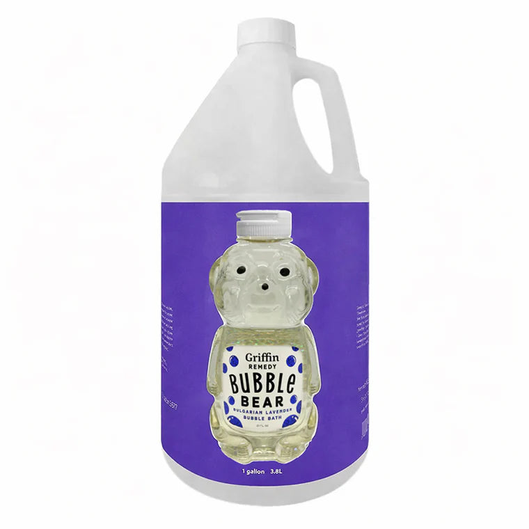 Gallon container of Griffin's Bubble Bear with purple label and bear-shaped bottle on a white background