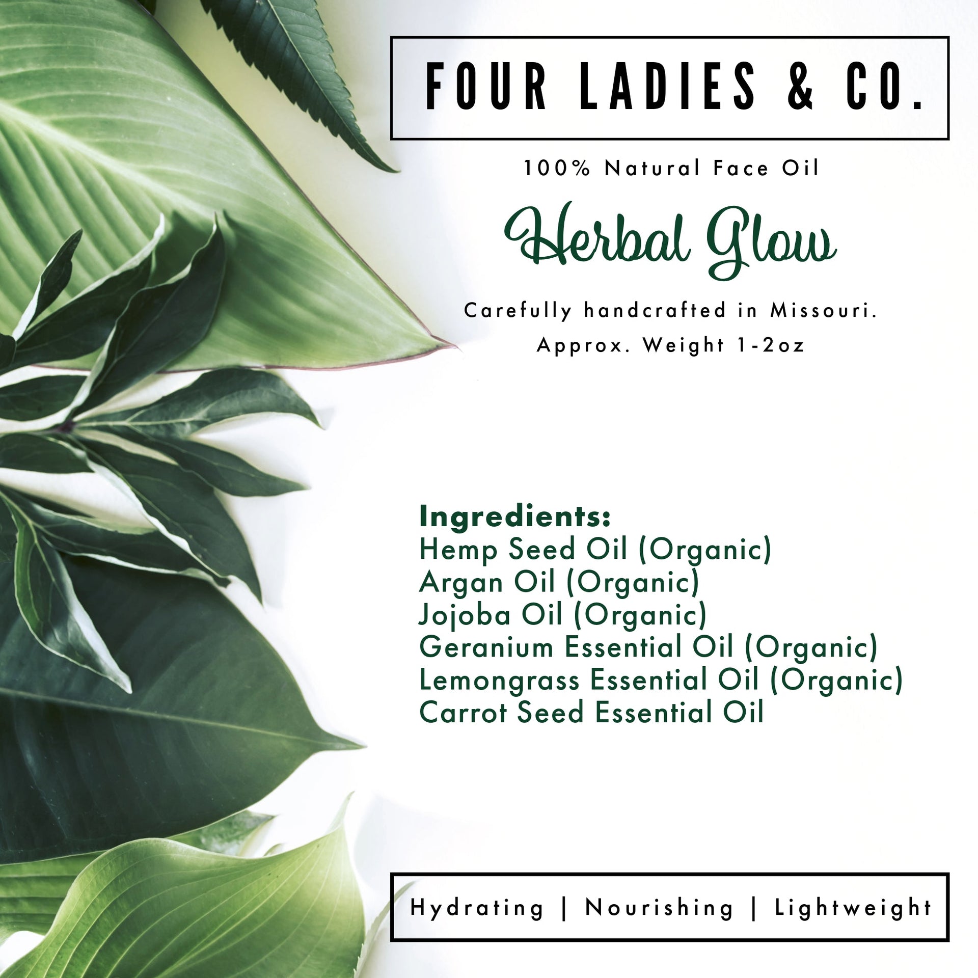 Herbal Glow Face Oil Natural Ingredients List Four Ladies & Co Hydrating Nourishing Lightweight