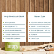 Comparison chart of 'Only The Good Stuff' and 'Never Ever' ingredients with a huppy product in the foreground.