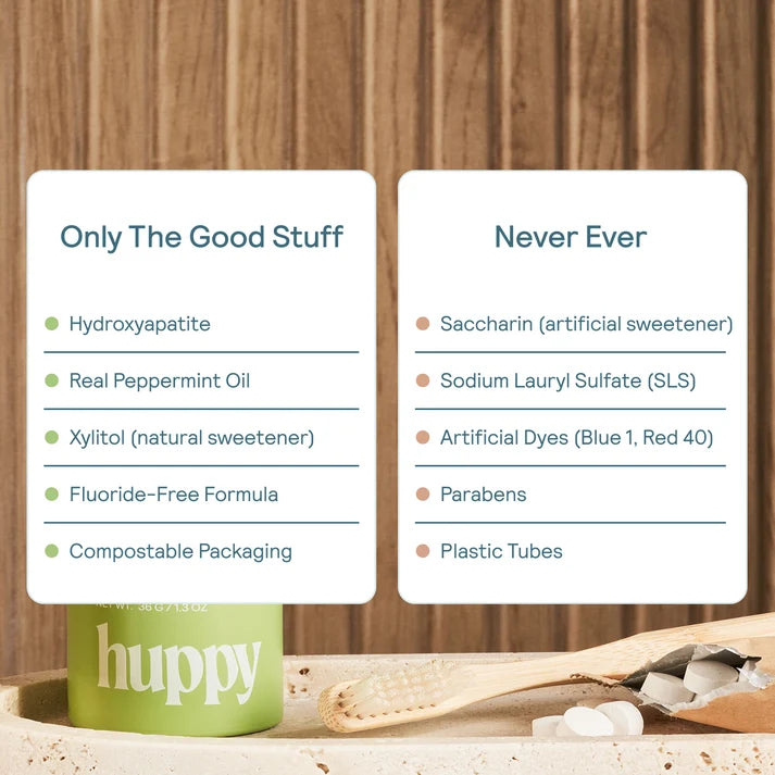 Comparison chart of 'Only The Good Stuff' and 'Never Ever' ingredients with a huppy product in the foreground.