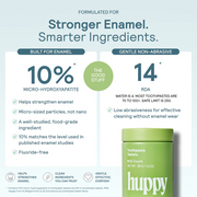 An informational product graphic for Huppy toothpaste tablets. The image features a light blue background with text highlighting key ingredients: '10% Micro-Hydroxyapatite' and '14 RDA'.