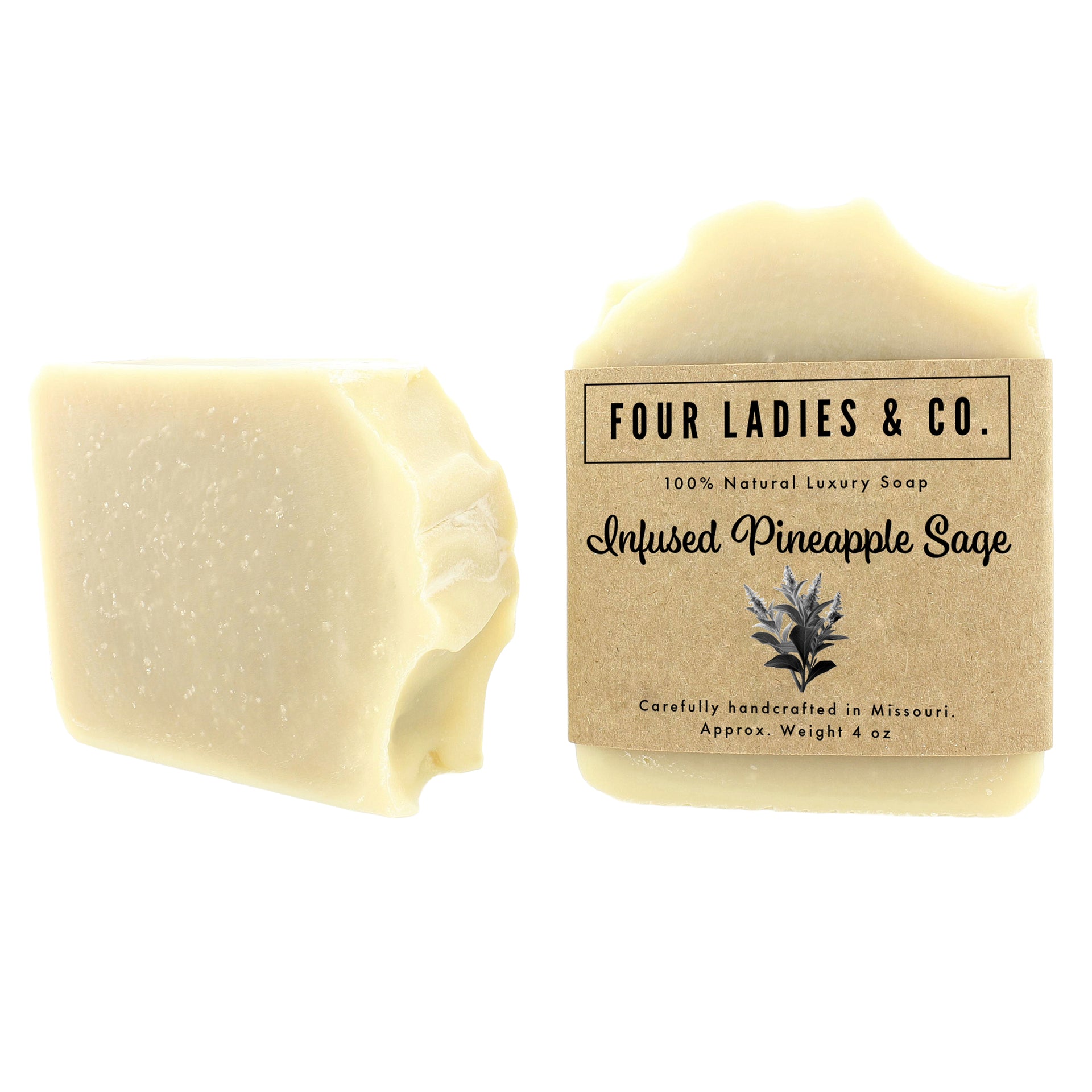 Bar of soap with 'Four Ladies & Co.' packaging on a white background