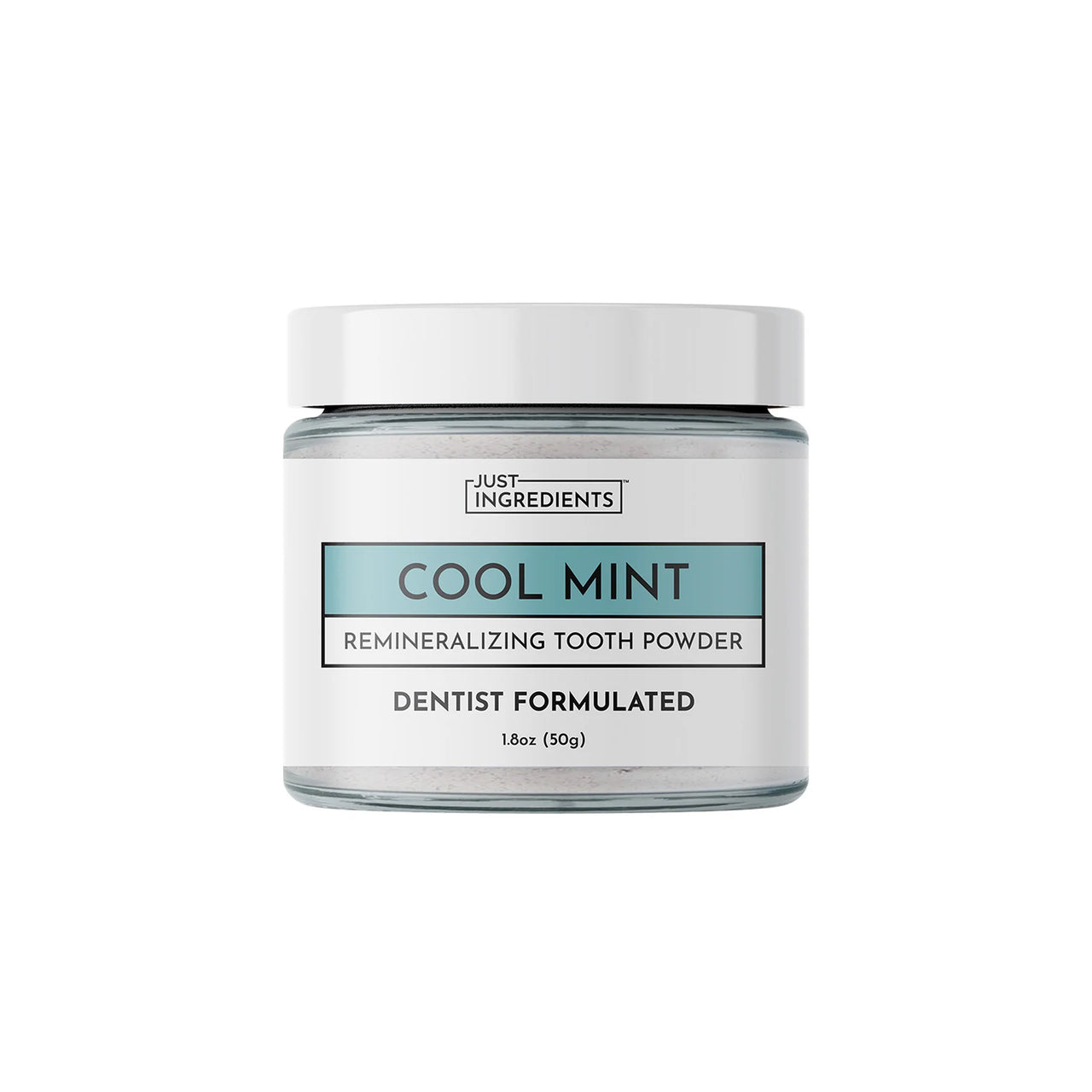 Jar of Cool Mint Remineralizing Tooth Powder by Just Ingredients on a white background