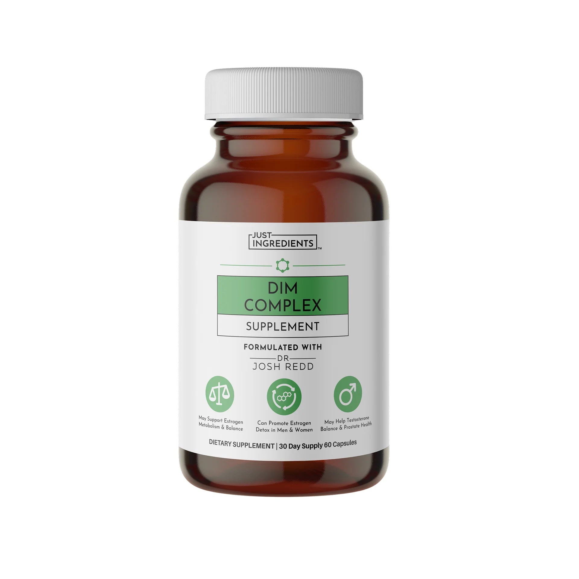 Brown supplement bottle labeled 'DIM Complex' on a white background