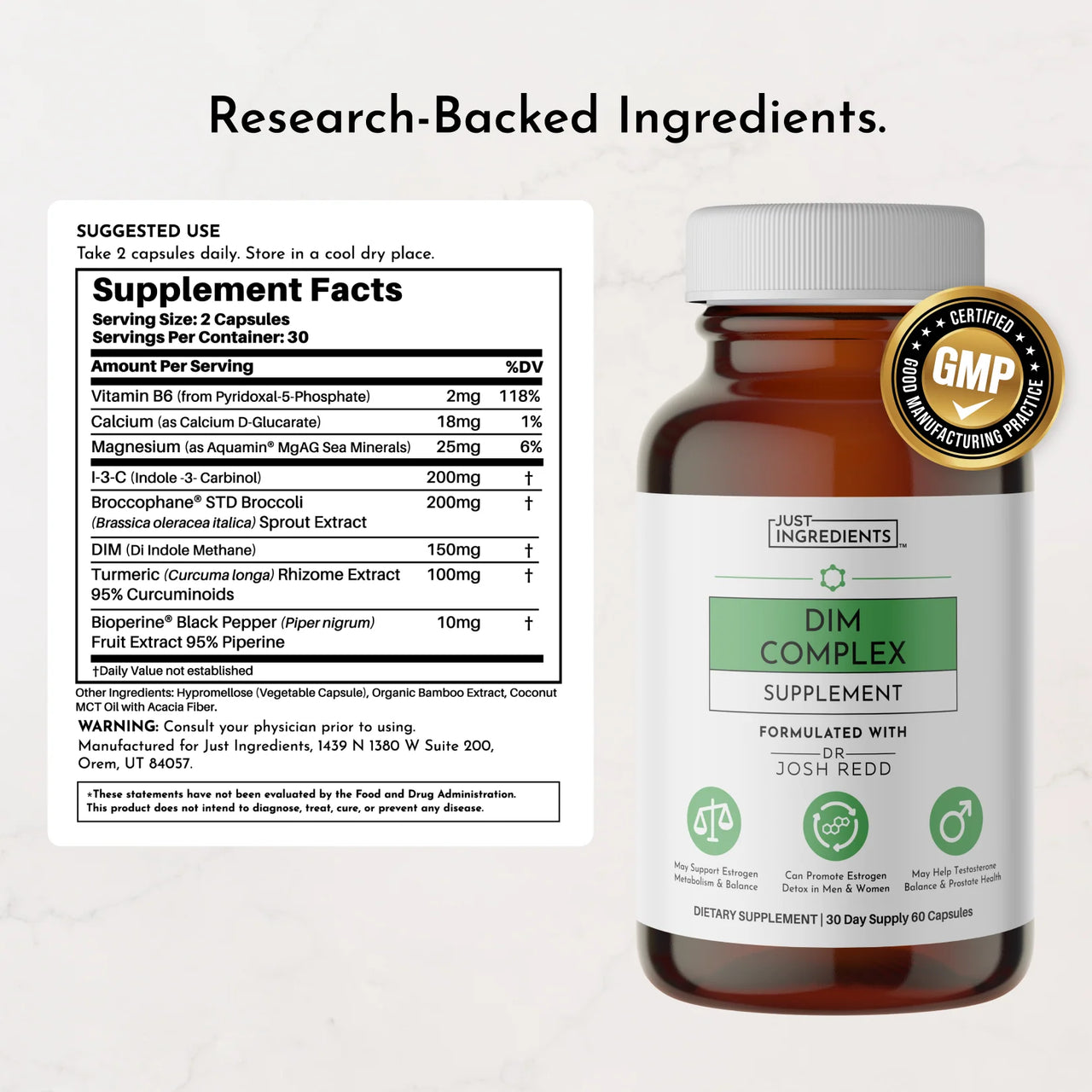 DIM Complex supplement bottle with label and supplement facts on a white background