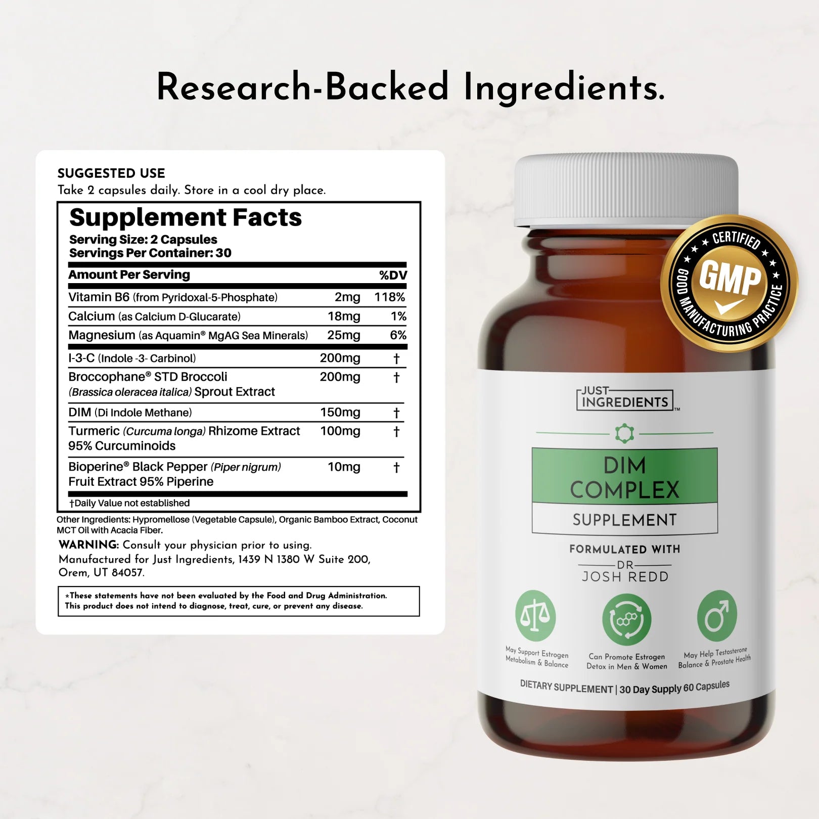 DIM Complex supplement bottle with label and supplement facts on a white background