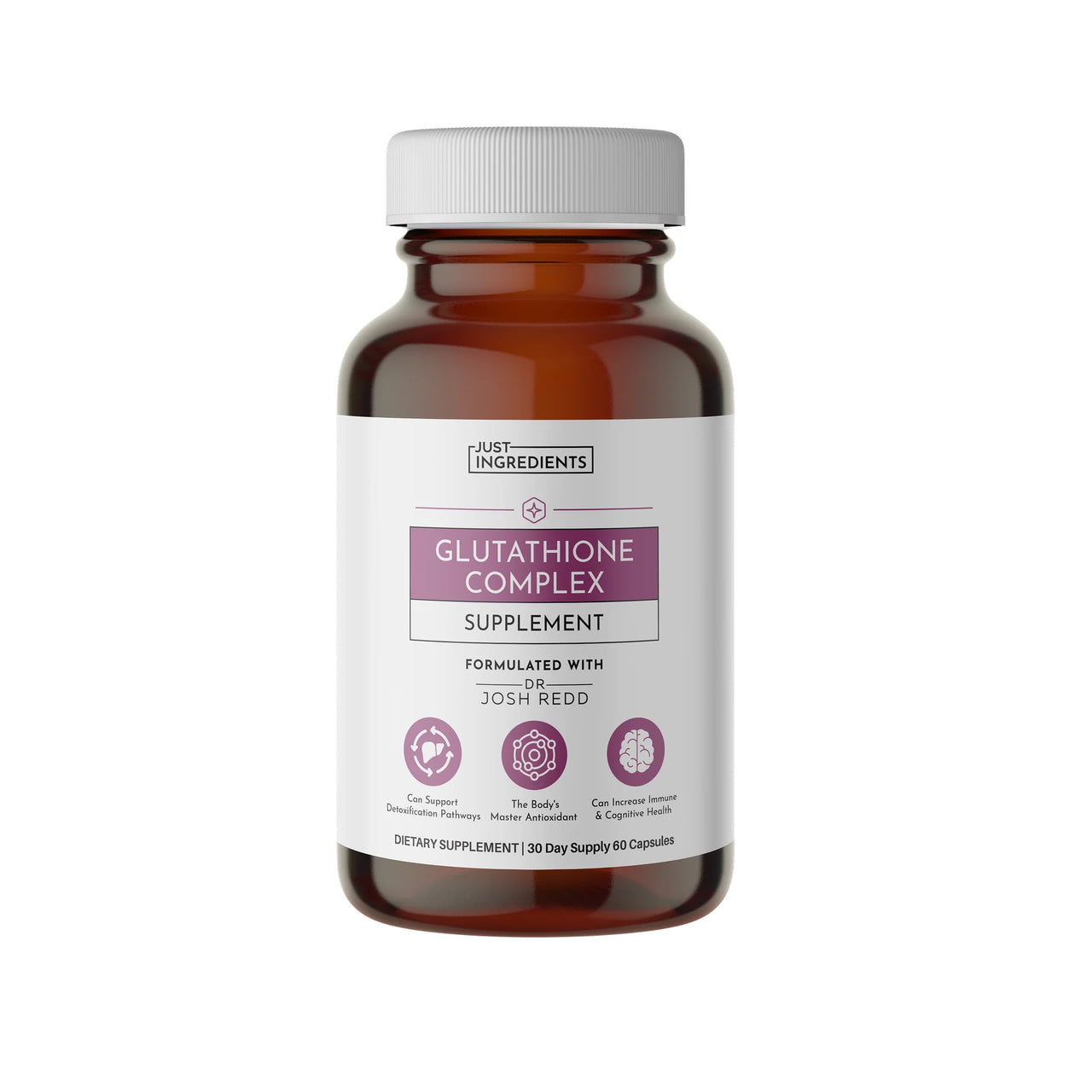 Supplement bottle labeled 'Glutathione Complex' on a white background