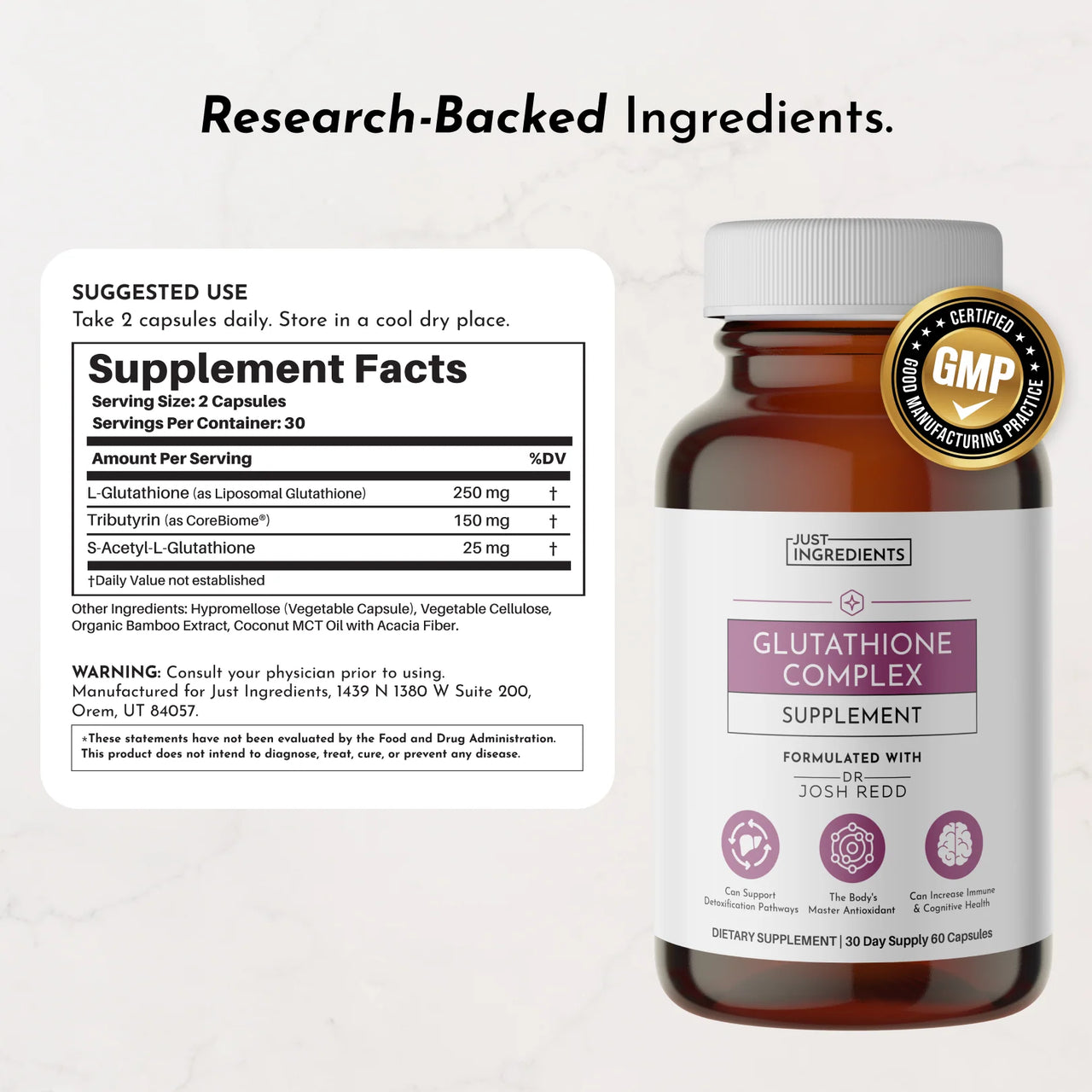 Supplement bottle labeled 'Glutathione Complex' with label and 'GMP' certification badge on a white background.