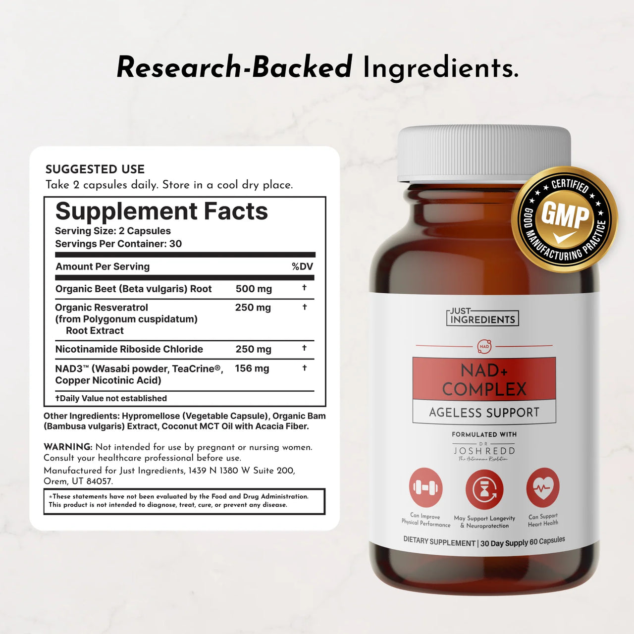 Supplement bottle labeled 'NAD+ Complex' with label and GMP badge on a white background