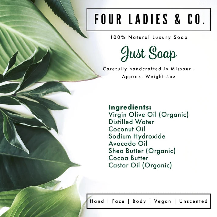 A clean product information card for Four Ladies & Co. Just Soap, featuring a white background with green tropical leaves on the left side and text detailing the ingredients and product features.