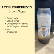 Glass of iced coffee with Marigold Farms label on a beige background with latte ingredients list.