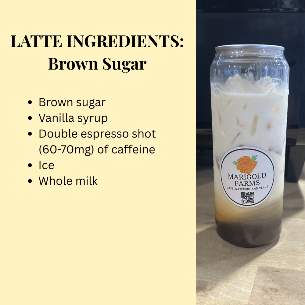 Glass of iced coffee with Marigold Farms label on a beige background with latte ingredients list.