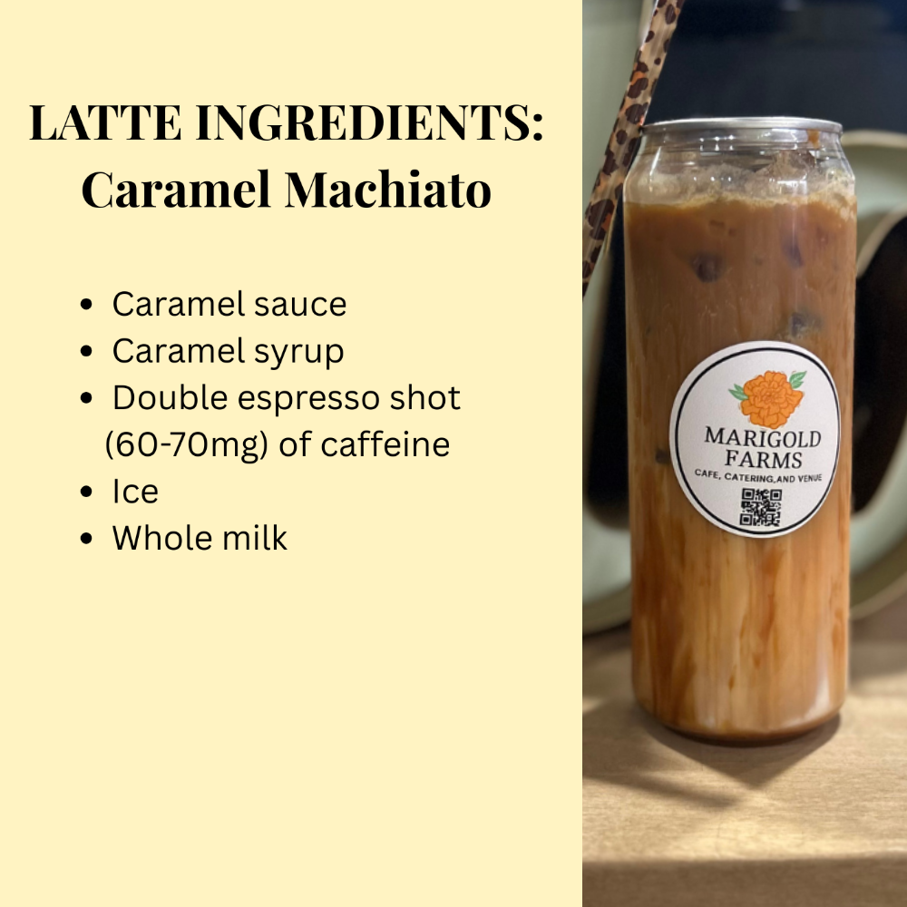Iced caramel macchiato with Marigold Farms label and list of ingredients on a beige background