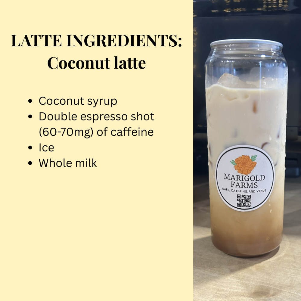 Coconut latte with ingredients listed on a beige background and Marigold Farms branded container.