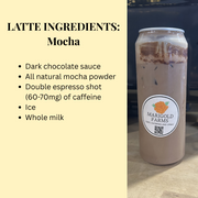 Mocha latte can with Marigold Farms label and list of ingredients on a beige background