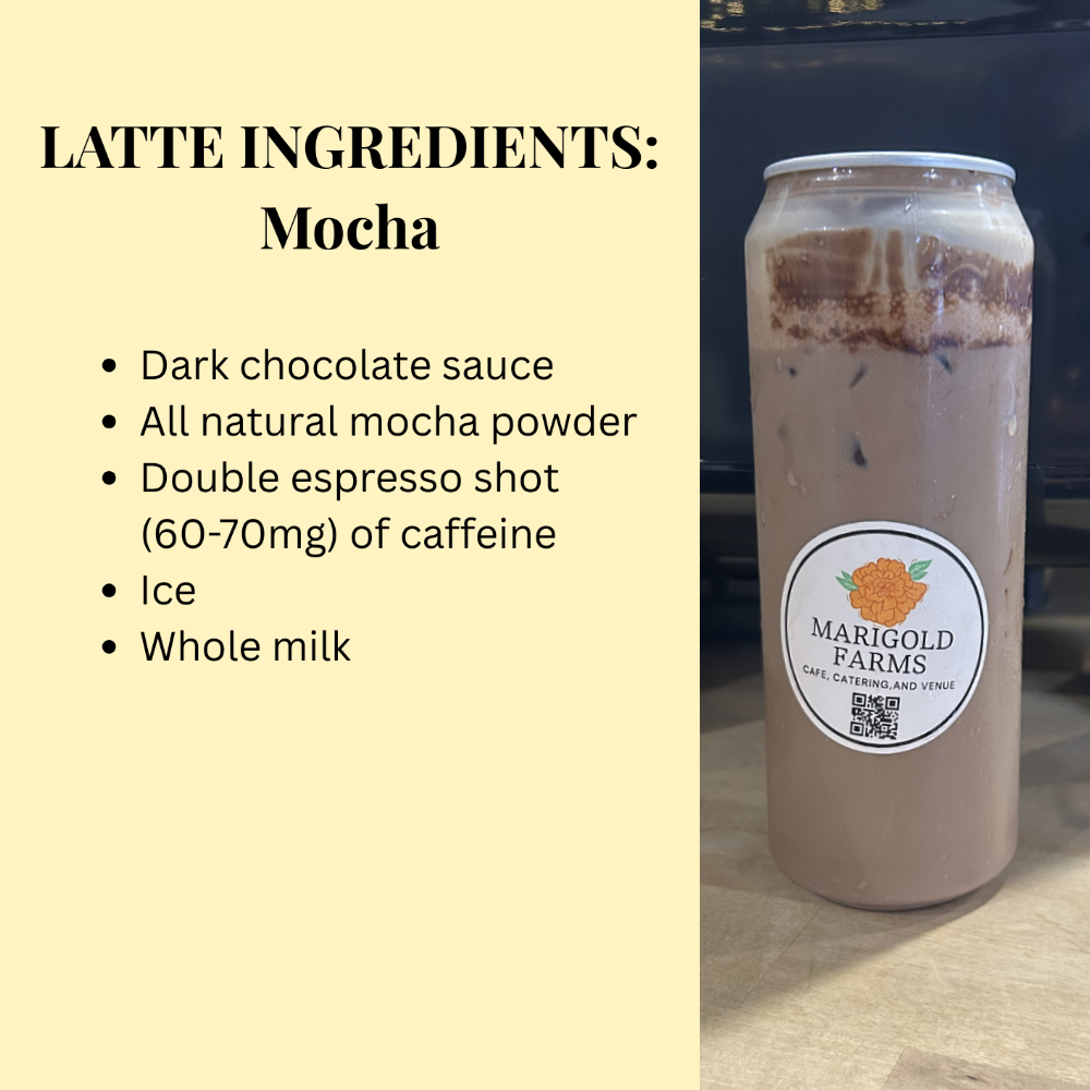 Mocha latte can with Marigold Farms label and list of ingredients on a beige background